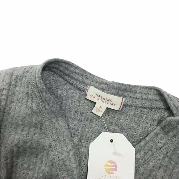 Walking on Sunshine Womens Cardigan Sweater Waffle Knit Tie Button Front Gray M - Picture 3 of 3